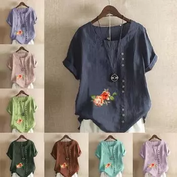 Женская модная футболка с цветочным принтом и круглым вырезом, с коротким рукавом, повседневная хлопково-льняная рубашка с рисунком, свободная летняя блузка для отдыха, топы S розовый