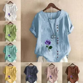 Женская модная футболка с цветочным принтом и круглым вырезом, с коротким рукавом, повседневная хлопково-льняная рубашка с рисунком, свободная летняя блузка для отдыха, топы S розовый