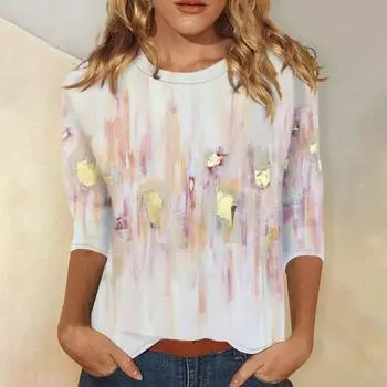Женская модная футболка с цветочным принтом и круглым вырезом, с длинным рукавом, повседневный топ S светло-розовый