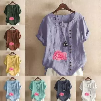 Женская модная футболка с цветочным принтом и круглым вырезом, с коротким рукавом, повседневная хлопково-льняная рубашка с рисунком, свободная летняя блузка для отдыха, топы S розовый