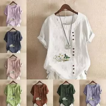 Женская модная футболка с цветочным принтом и круглым вырезом, с коротким рукавом, повседневная хлопково-льняная рубашка с рисунком, свободная летняя блузка для отдыха, топы S розовый
