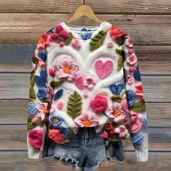Женская модная футболка с цветочным принтом ко Дню святого Валентина, розовая, с длинным рукавом и круглым вырезом, повседневная спортивная рубашка S