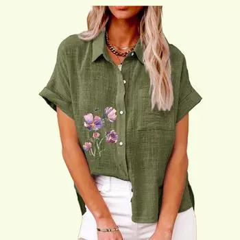 Женская модная футболка с цветочным принтом, летний повседневный топ с карманом, осенняя свободная футболка с коротким рукавом, женские повседневные льняные блузки S белый