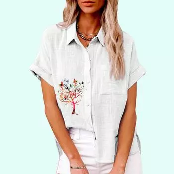 Женская модная футболка с цветочным принтом, летний повседневный топ с карманом, осенняя свободная футболка с коротким рукавом, женские повседневные льняные блузки S белый