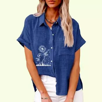 Женская модная футболка с цветочным принтом, летний повседневный топ с карманом, осенняя свободная футболка с коротким рукавом, женские повседневные льняные блузки S белый