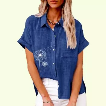 Женская модная футболка с цветочным принтом, летний повседневный топ с карманом, осенняя свободная футболка с коротким рукавом, женские повседневные льняные блузки S белый