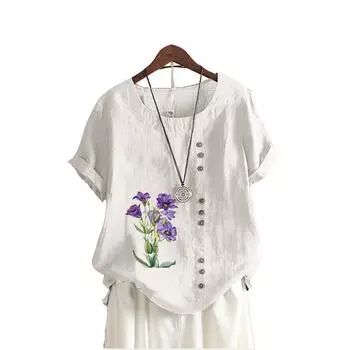 Женская модная футболка с цветочным принтом, летняя и осенняя повседневная футболка с круглым вырезом и коротким рукавом, пуловер, свободные блузки S белый