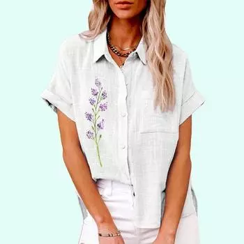 Женская модная футболка с цветочным принтом, летняя повседневная футболка с воротником с лацканами и карманом, осенняя свободная футболка с коротким рукавом, женские повседневные льняные блузки S белый