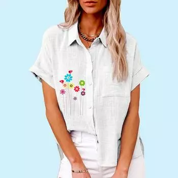 Женская модная футболка с цветочным принтом, летняя повседневная футболка с отворотом и карманом, осенняя футболка, женские свободные льняные блузки с короткими рукавами S белый