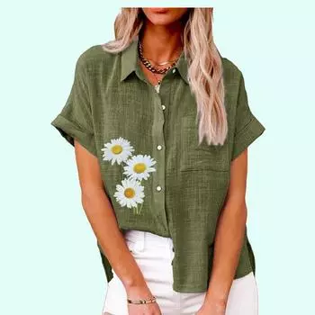 Женская модная футболка с цветочным принтом, летняя повседневная футболка с воротником с лацканами и карманом, осенняя свободная футболка с коротким рукавом, женские повседневные льняные блузки S белый