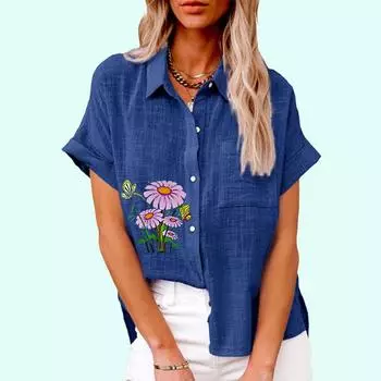 Женская модная футболка с цветочным принтом, летняя повседневная футболка с воротником с лацканами и карманом, осенняя свободная футболка с коротким рукавом, женские повседневные льняные блузки S белый
