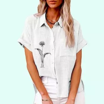 Женская модная футболка с цветочным принтом, летняя повседневная футболка с воротником с лацканами и карманом, осенняя свободная футболка с коротким рукавом, женские повседневные льняные блузки S белый