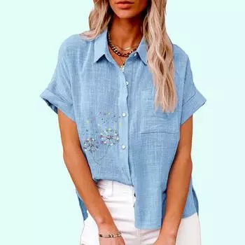 Женская модная футболка с цветочным принтом, летняя повседневная футболка с воротником с лацканами и карманом, осенняя свободная футболка с коротким рукавом, женские повседневные льняные блузки S белый