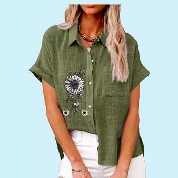 Женская модная футболка с цветочным принтом, летняя повседневная футболка с отворотом и карманом, осенняя футболка, женские свободные льняные блузки с короткими рукавами S белый