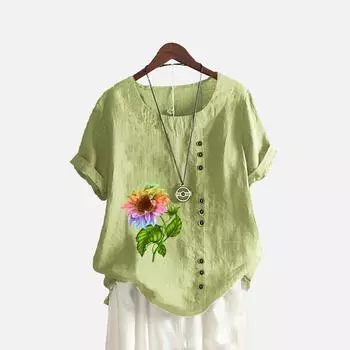 Женская модная футболка с цветочным принтом, лето и осень, повседневный топ с круглым вырезом и короткими рукавами, пуловер, свободные хлопковые льняные блузки S белый