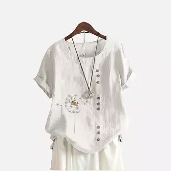 Женская модная футболка с цветочным принтом, лето и осень, повседневный топ с круглым вырезом и короткими рукавами, пуловер, свободные хлопковые льняные блузки S белый
