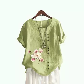 Женская модная футболка с цветочным принтом, лето и осень, повседневный топ с круглым воротником и короткими рукавами, пуловер, свободные хлопковые льняные блузки S белый