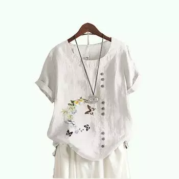 Женская модная футболка с цветочным принтом, лето и осень, повседневный топ с круглым воротником и короткими рукавами, пуловер, свободные хлопковые льняные блузки S белый