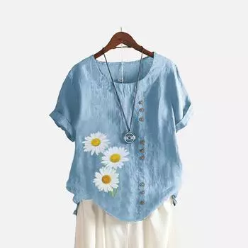 Женская модная футболка с цветочным принтом, лето и осень, повседневный топ с круглым вырезом и короткими рукавами, пуловер, свободные хлопковые льняные блузки S белый
