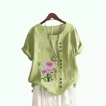 Женская модная футболка с цветочным принтом, лето и осень, повседневный топ с круглым воротником и короткими рукавами, пуловер, свободные хлопковые льняные блузки S белый