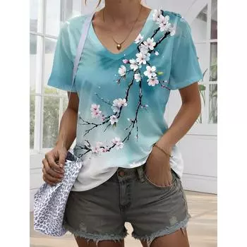 Женская модная футболка с цветочным принтом, модные короткие рукава, V-образный вырез, обычные топы, повседневные принты, футболка 2025 года, повседневные топы Y2K XXS