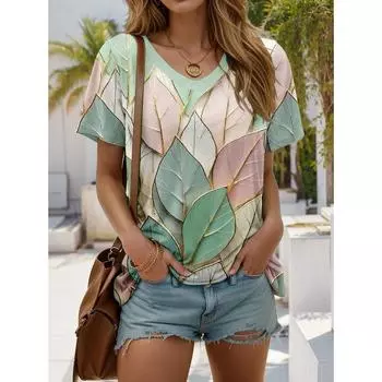 Женская модная футболка с цветочным принтом, модные короткие рукава, V-образный вырез, обычные топы, повседневные футболки с принтом, летние повседневные топы Y2K S