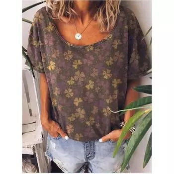 Женская модная футболка с цветочным принтом, свободная футболка с короткими рукавами, повседневные топы L чёрный