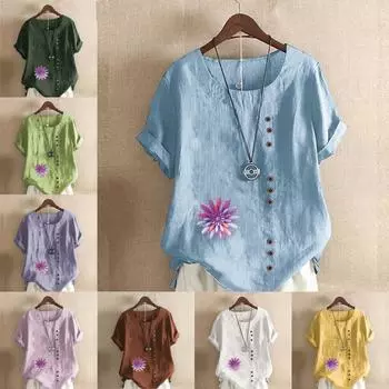 Женская модная футболка с цветочным узором и круглым вырезом с коротким рукавом, повседневная хлопково-льняная рубашка с рисунком, свободная летняя блузка для отдыха, топы больших размеров S розовый
