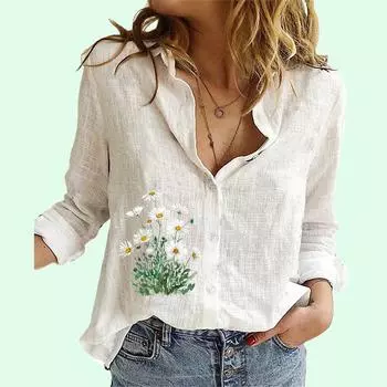 Женская модная футболка с длинным рукавом и отворотом, лето и осень, повседневный хлопковый льняной топ с цветочным принтом, женские свободные блузки на пуговицах S белый
