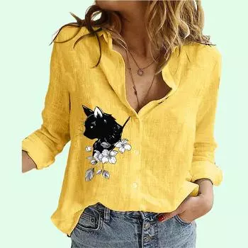 Женская модная футболка с длинным рукавом и отворотом, летняя и осенняя повседневная хлопково-льняная футболка с принтом кота, женские свободные блузки на пуговицах S белый