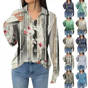 Женская модная футболка с длинным рукавом и карманом, свободная, с цветочным принтом L