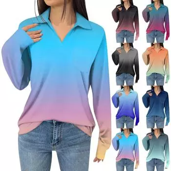 Женская модная футболка с длинным рукавом и карманом, свободная, с градиентным принтом M чёрный