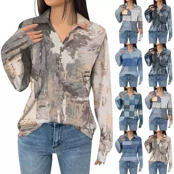 Женская модная футболка с длинным рукавом и цветочным принтом на лацканах L синий