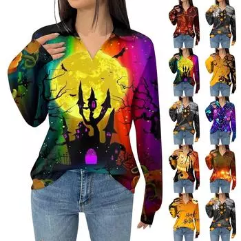 Женская модная футболка с длинным рукавом и карманом, свободная, с принтом на Хэллоуин XXXL золотой