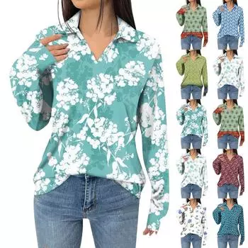 Женская модная футболка с длинным рукавом и карманом, свободная, с цветочным принтом L армия зеленый