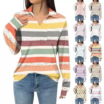 Женская модная футболка с длинным рукавом и карманом, свободная, с геометрическим принтом M