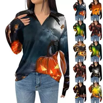 Женская модная футболка с длинным рукавом и карманом, свободная, с принтом на Хэллоуин XXL чёрный