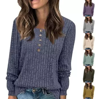 Женская модная футболка с длинным рукавом и пуговицами, однотонный топ L бежевый