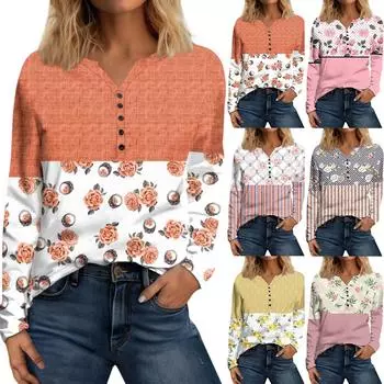 Женская модная футболка с длинным рукавом и пуговицами в клетку с v-образным вырезом и топом L розовый