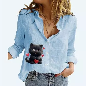 Женская модная футболка с длинным рукавом, летняя и осенняя хлопково-льняная хлопковая льняная рубашка с отворотом, свободный топ, женские повседневные блузки на пуговицах с принтом S белый