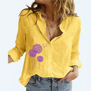 Женская модная футболка с длинным рукавом, летняя и осенняя хлопково-льняная свободная верхняя одежда, женские повседневные блузки на пуговицах с воротником с лацканами и цветочным принтом S белый