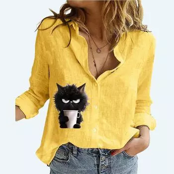 Женская модная футболка с длинным рукавом, летняя и осенняя, с отворотом, из хлопка и льна, свободный топ, женская повседневная блузка с принтом S белый