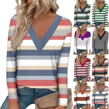 Женская модная футболка с длинными рукавами и большим v-образным вырезом спереди и изогнутым краем с принтом XXXL красный