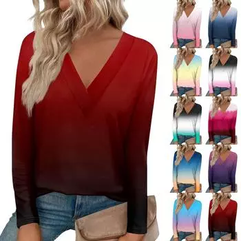 Женская модная футболка с длинными рукавами и большим v-образным вырезом спереди и изогнутым краем с принтом S