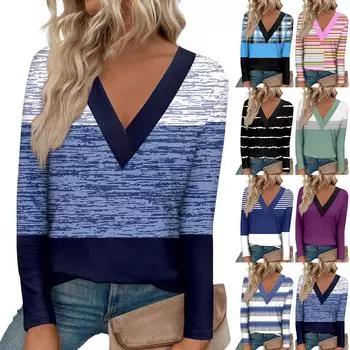 Женская модная футболка с длинными рукавами и большим v-образным вырезом спереди и изогнутым краем с принтом XXL