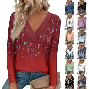 Женская модная футболка с длинными рукавами и большим v-образным вырезом спереди и изогнутым краем с принтом L чёрный