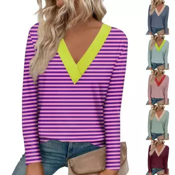 Женская модная футболка с длинными рукавами и большим v-образным вырезом спереди и изогнутым краем с принтом L
