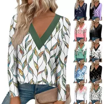 Женская модная футболка с длинными рукавами и большим v-образным вырезом спереди и изогнутым краем с принтом XXXL