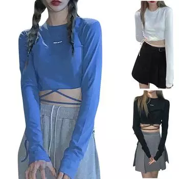Женская модная футболка с длинными рукавами, приоткрывающая низ, короткий топ M синий