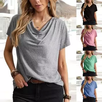 Женская модная футболка с драпированным воротником и рюшами, футболка с короткими рукавами, однотонная футболка, туника, топ